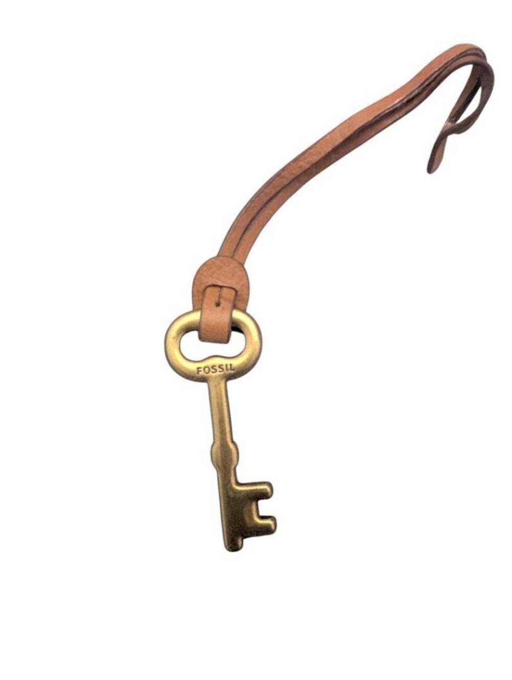 Fossil Brass Key Charm Pendant with Tan Leather Strap